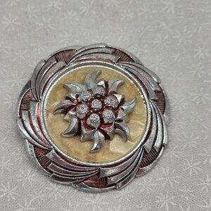 Vintage Floral Scarf Clip Silver Tone Red Painted Faux Mother of Pearl 1.5"